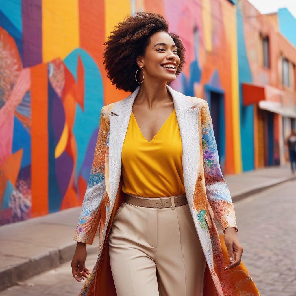A stylish woman confidently walking in a vibrant urban setting, surrounded by diverse women sharing fashion tips and laughter. She wears a chic outfit that radiates elegance, showcasing a variety of textures and colors. The background features a colorful mural symbolizing empowerment and community. Soft, natural lighting enhances the scene to evoke warmth and inspiration. super-realistic. vibrant colors. 3D.