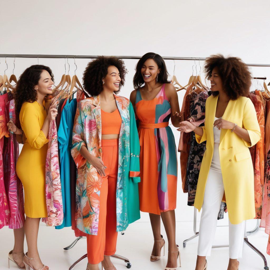 A diverse group of women of varying ethnicities and body types joyfully selecting outfits from a vibrant, colorful clothing rack in a chic boutique. They are laughing and giving each other style tips, embodying empowerment and unity in fashion. The background features stylish decor and accessories that create a warm, inviting atmosphere. super-realistic. vibrant colors. white background.