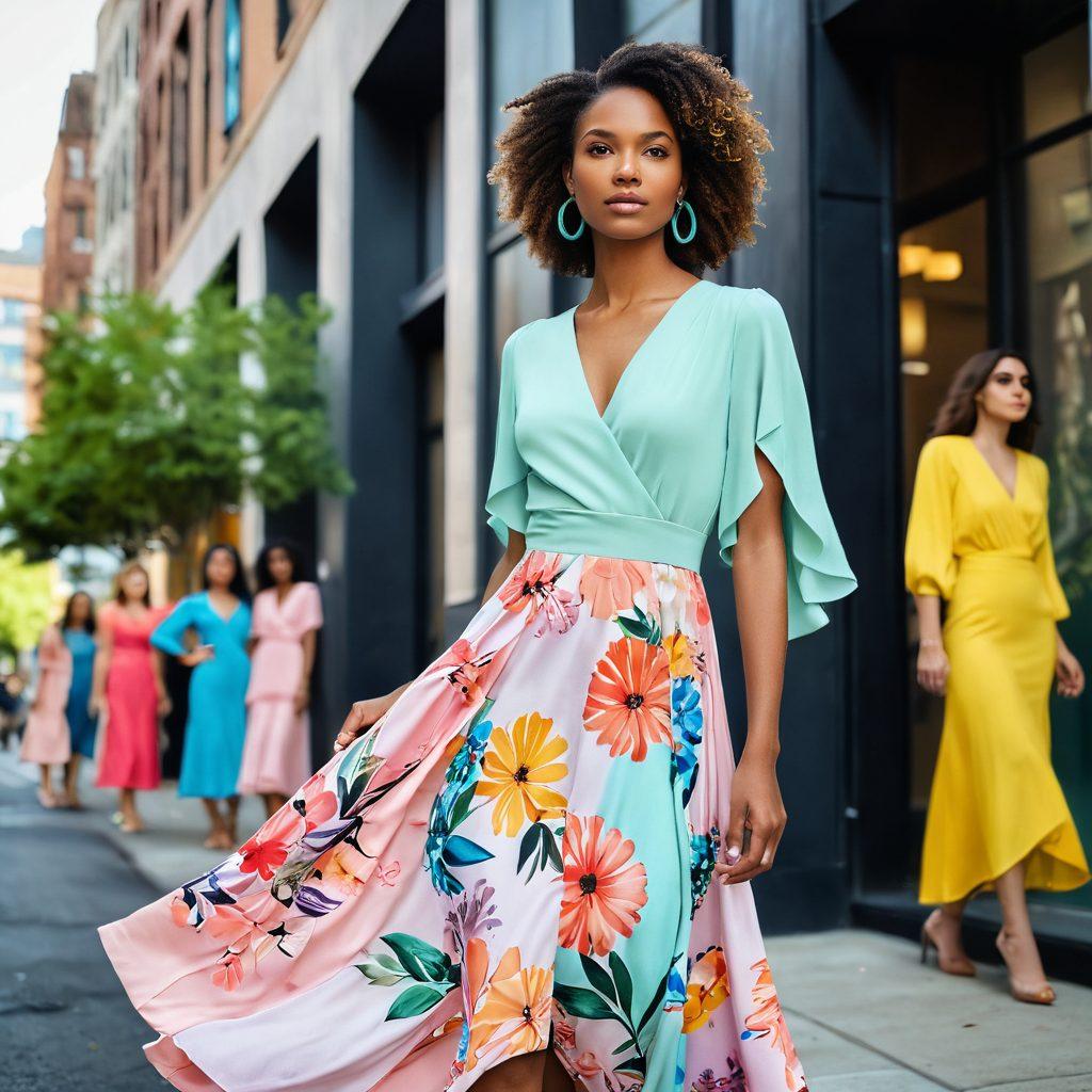 A chic woman in an elegant, flowing dress standing confidently in an urban setting, surrounded by diverse women in various stylish outfits, showcasing individuality and connection. Soft pastels and vibrant pops of color creating a harmonious atmosphere that represents self-expression. Include subtle elements of nature like flowers or greenery to symbolize growth and femininity. modern art style. vibrant colors. 3D.